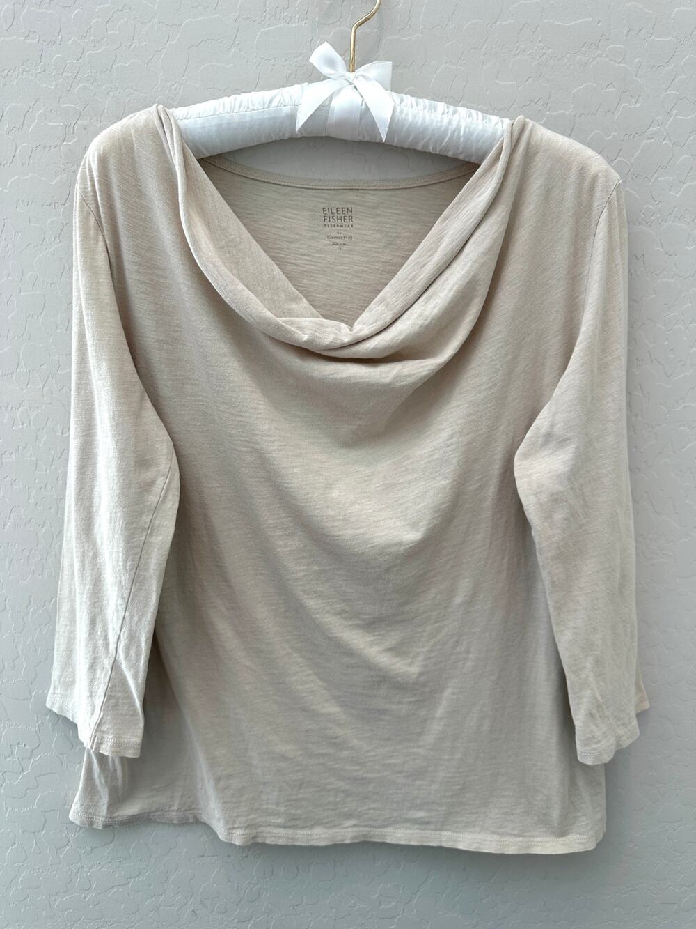 EILEEN FISHER Garnet Hill Organic Pima Cotton Beige Cowl Neck Top Sleepwear Sz S